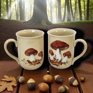 Set Of 2 Vintage 1970s Mushroom Mugs Pair Minor Rim Chips Retro Cottagecore